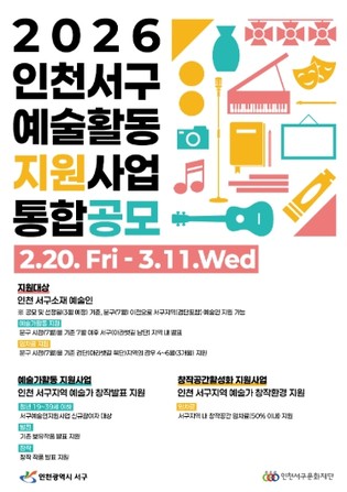인천 서구 예술인의 창작을 잇다, 2026 예술활동지원사업 통합공모